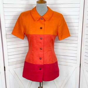 Vintage Kelly Graham Linen‎ Colorblock Button Front Shirt Blouse Orange Red 6